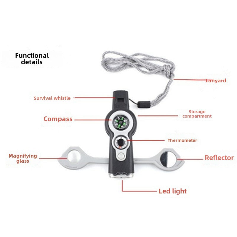 7-in-1 Outdoor MultiWhistle with Survival Features LED Compass and Thermometer