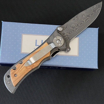 Liome Tactical Folding Knife with Damascus Grip for Outdoor Survival and EDC