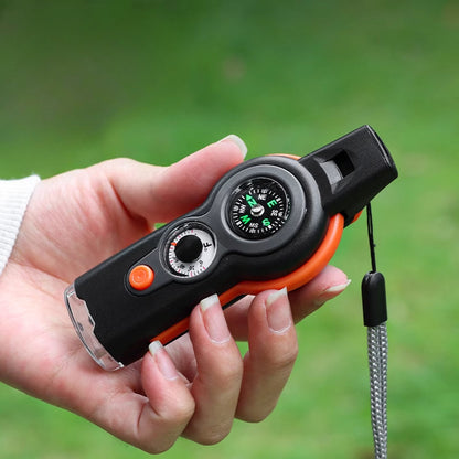 7-in-1 Outdoor MultiWhistle with Survival Features LED Compass and Thermometer