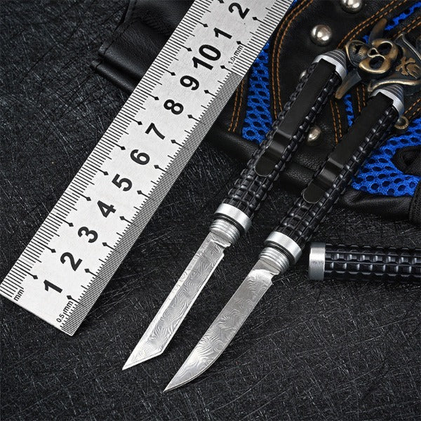 Wilderness Survival Mini Knife with Damascus Blade and Multifunctional Features