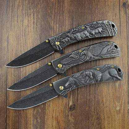 Sheep Eagle and Horse Pattern Handle Folding Knife for Hunting and Outdoor Use