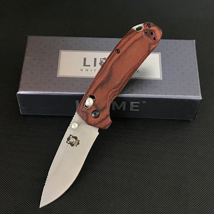 Liome Folding Knife for Tactical Use with Wood Handle and Stonewashed Blade