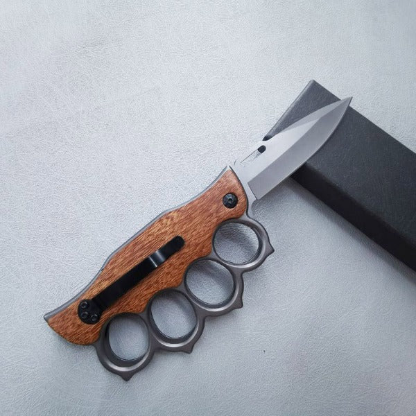 Outdoor Self Defense Folding Knife with Wooden Handle and Knuckle Protection