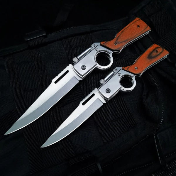 AK47-Themed Folding Knife with Elegant Wood Grain Handle