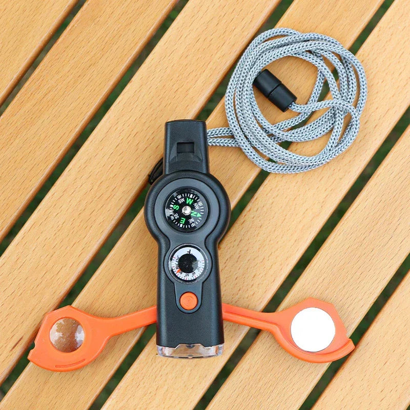7-in-1 Outdoor MultiWhistle with Survival Features LED Compass and Thermometer