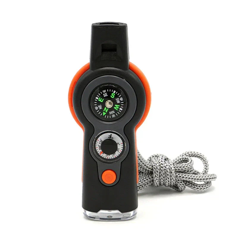 7-in-1 Outdoor MultiWhistle with Survival Features LED Compass and Thermometer