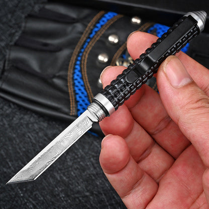 Wilderness Survival Mini Knife with Damascus Blade and Multifunctional Features