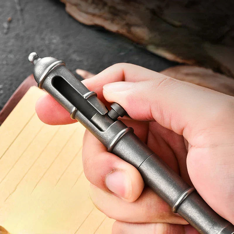 Tactical Pen in Titanium with Retro Pendant for EDC Enthusiasts