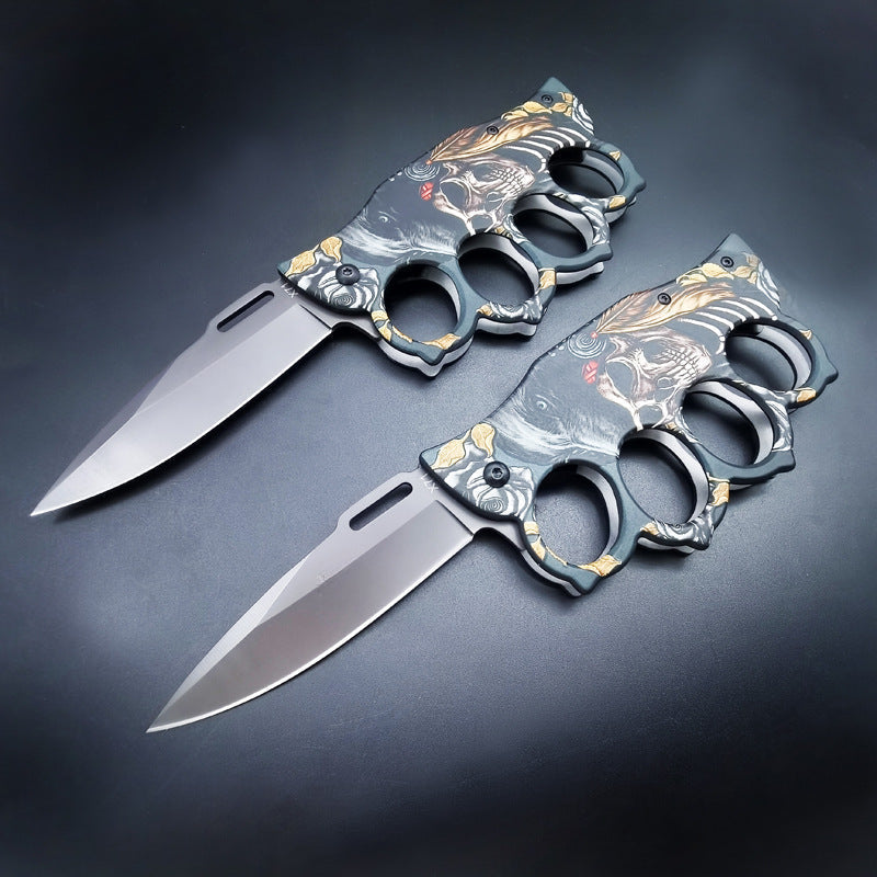 Folding Knife with 3D Ghost Head and Knuckle Duster