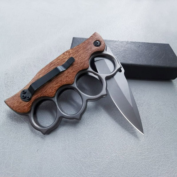 Outdoor Self Defense Folding Knife with Wooden Handle and Knuckle Protection