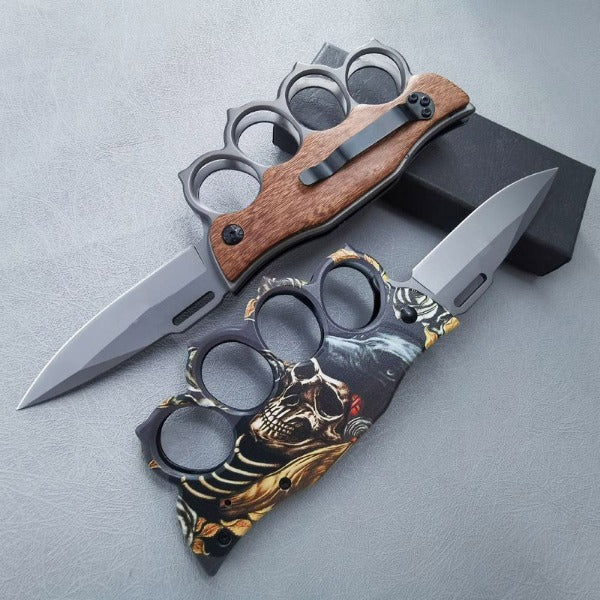 Outdoor Self Defense Folding Knife with Wooden Handle and Knuckle Protection