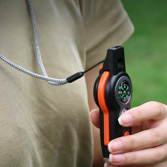 7-in-1 Outdoor MultiWhistle with Survival Features LED Compass and Thermometer