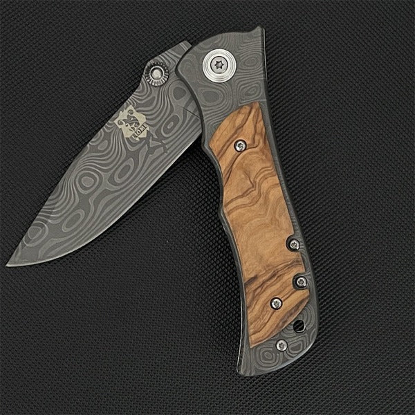 Liome Tactical Folding Knife with Damascus Grip for Outdoor Survival and EDC